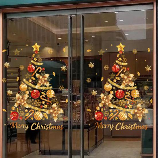 2/4Pcs Golden Christmas Tree Window Cling Removable Waterproof Merry Xmas Tree Static Glass Sticker Holiday Party Decoration Decal
