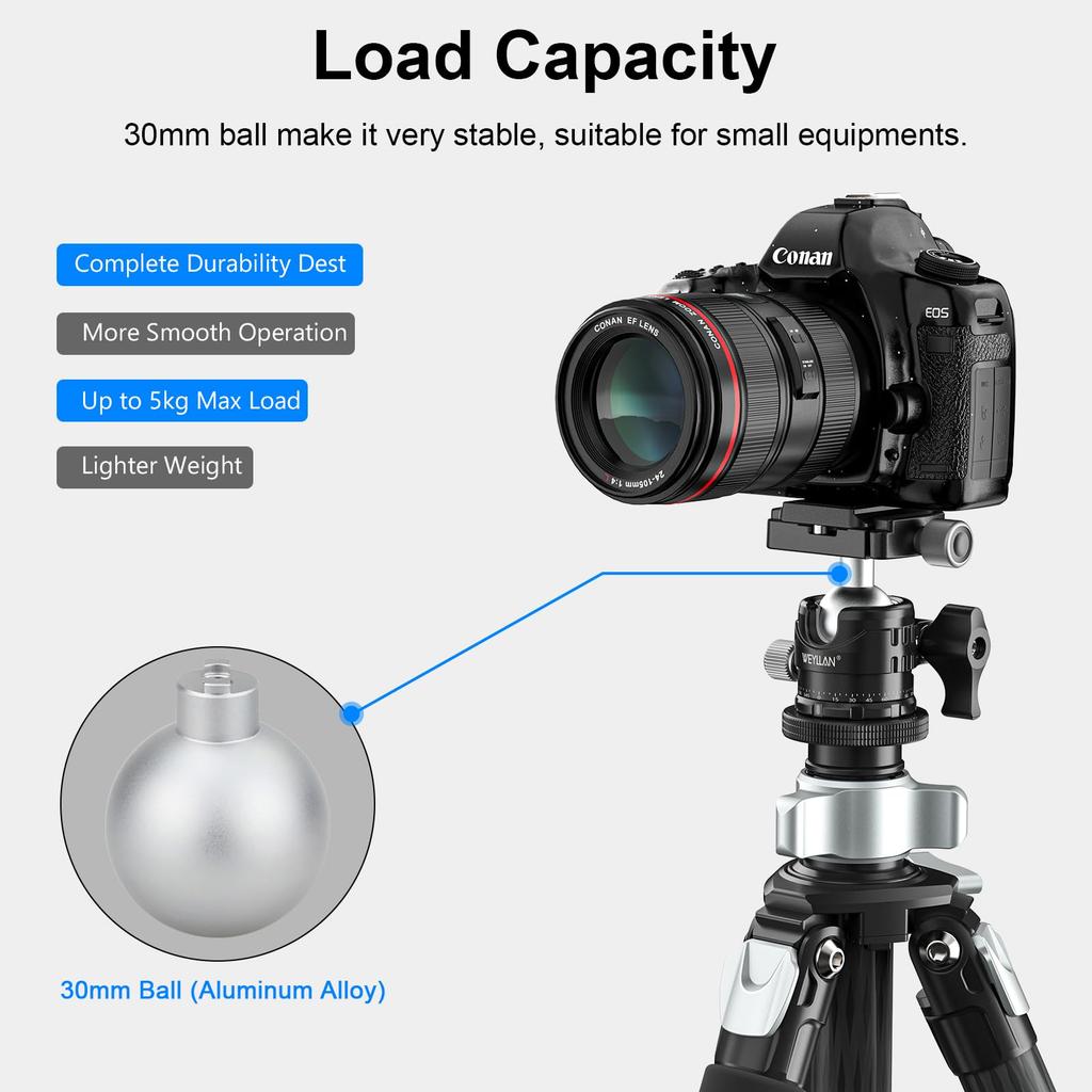 WEYLLAN Шаровая компактная и 5 кг нагрузка 40 мм труба Легкая Высокостабильная Компактная Подходит для различных сцен, таких как и Свободно вращающаяся головка, Вращение на 360°,