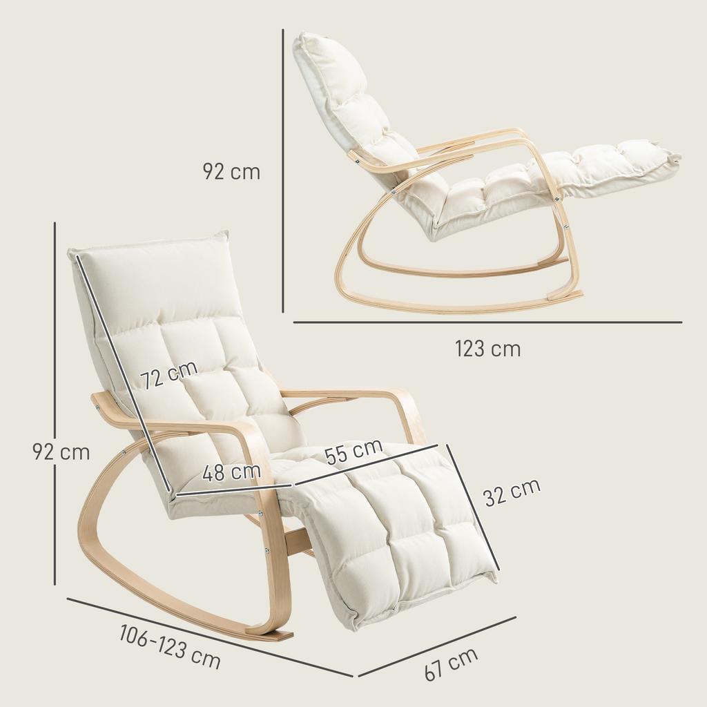Upholstered Rocking Chair. Relaxing chair with armrests and steel frame. For living room, bedroom. Cream White