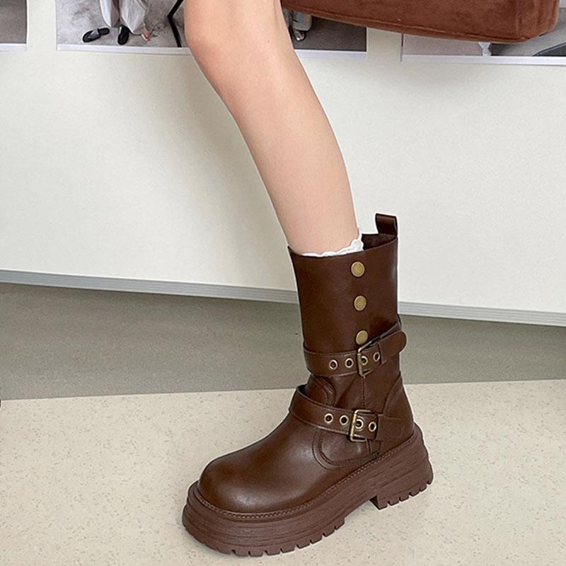Fashion Brown Retro Chunky Heel Thick Bottom Boots for Woman New Spring Autumn Vintage Heightening Mid-calf Boots Gothic Ladies Shoes