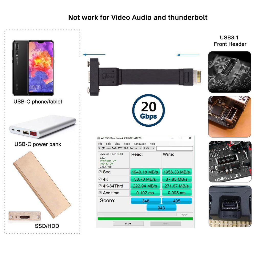 UC-037-20G USB 3.2 Type-E IDC 20-контактный разъем передней панели на USB-C Female 0,5 м 20 Гбит/с удлинительный кабель