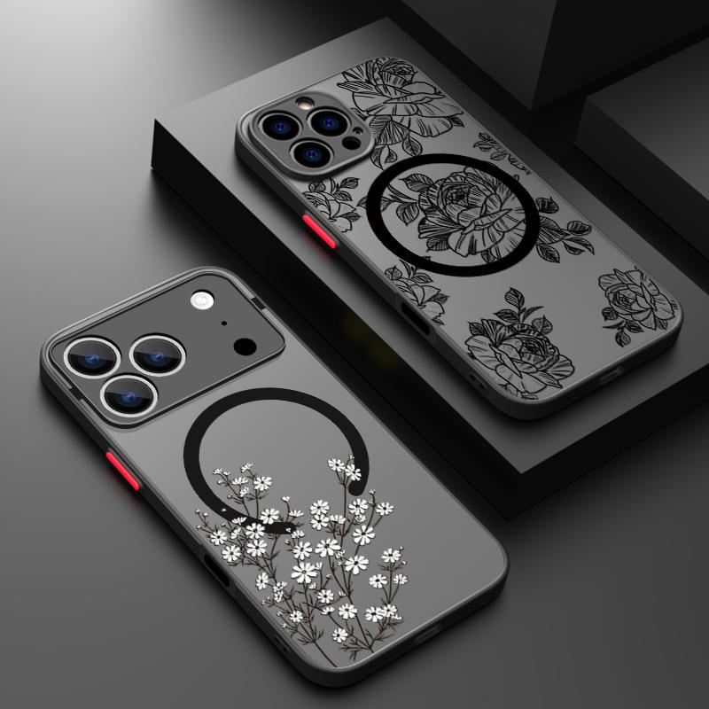 Магнитный Простой Цветочный Чехол Для Телефона Для iPhone 17 15 16 Pro Max 14 13 Pro 17 Для Magsafe Беспроводной Заряд Мягкий Край Жесткая ПК Крышка