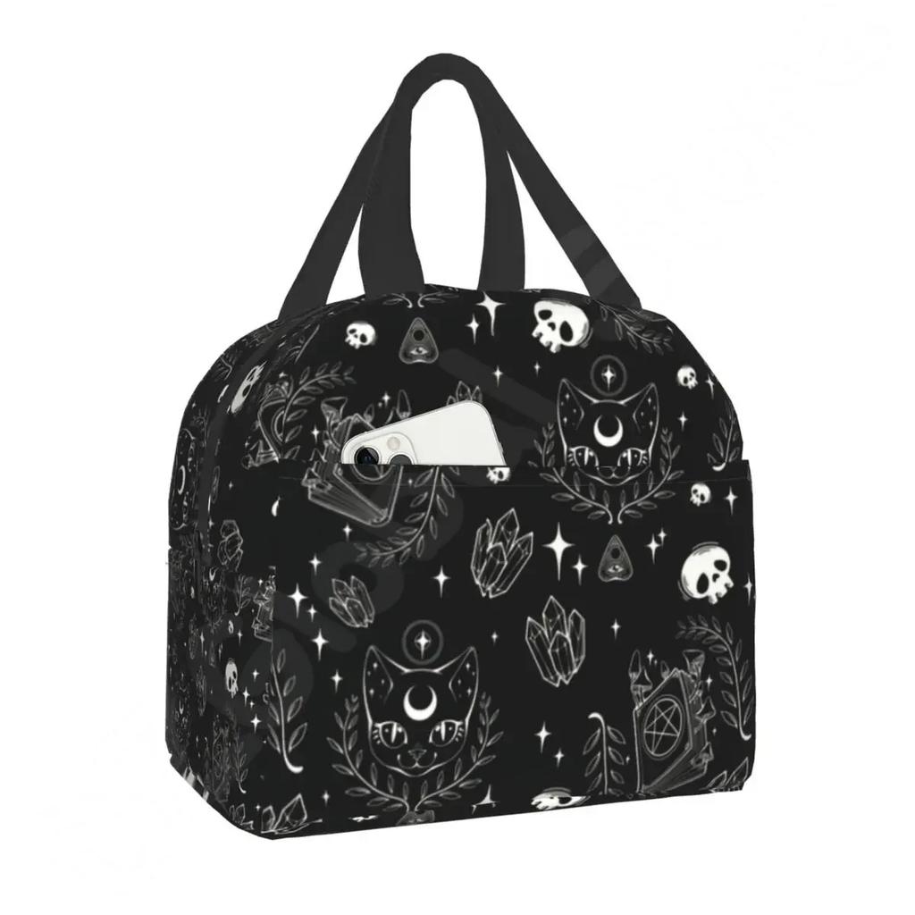 Узорная изолированная сумка для обеда для школы, офиса, Хэллоуина, черепа кошки, герметичный охладитель, термобокс для бенто для женщин и детей