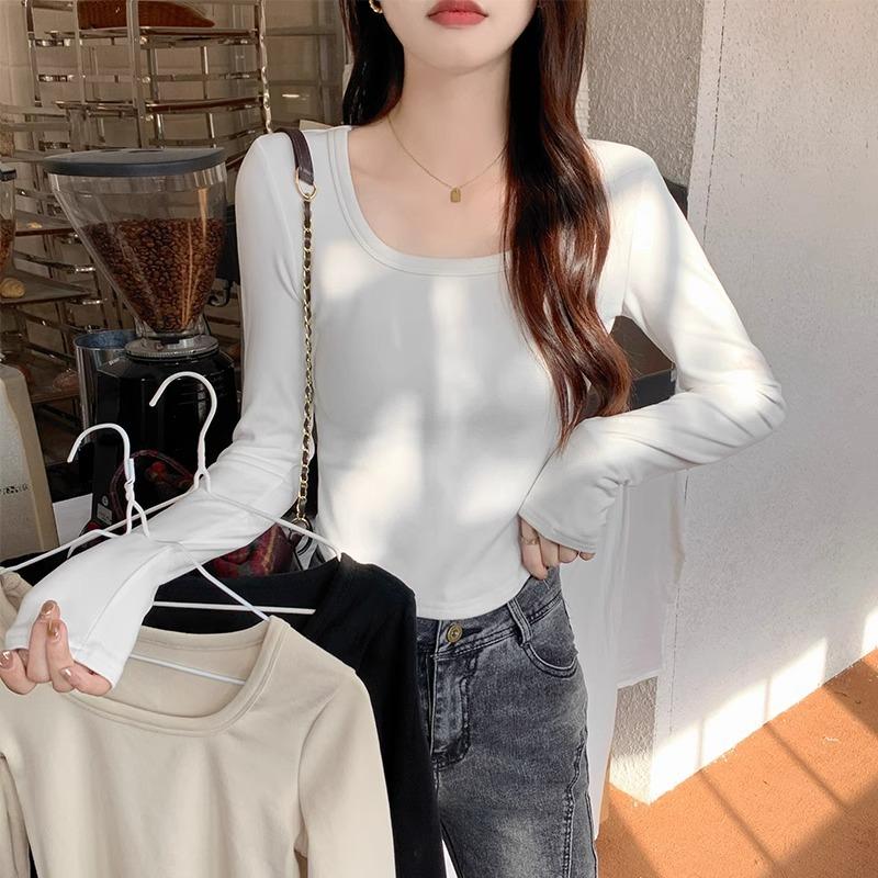 Европейские модные рубашки, новые футболки с длинным рукавом для женщин, осенне-зимний квадратный воротник, правое плечо, неровные верхние части из немецкого бархата