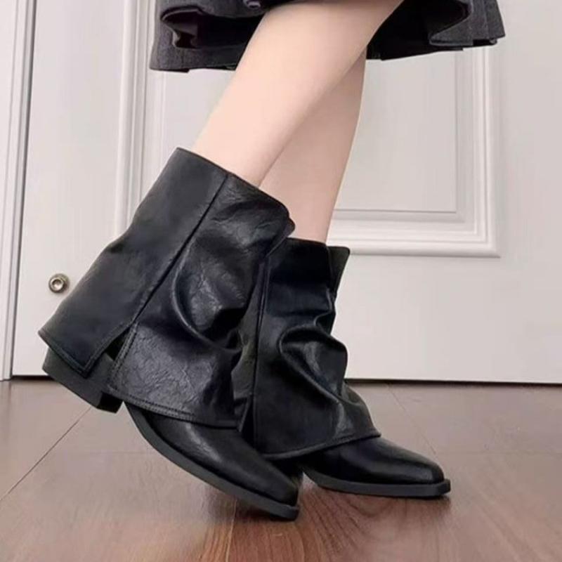 Elegant Thick Heel White Ankle Boots Women 2025 Winter Pointed Toe Medium Heel Black Pleated Chelsea Boots Woman's Shoes Autumn