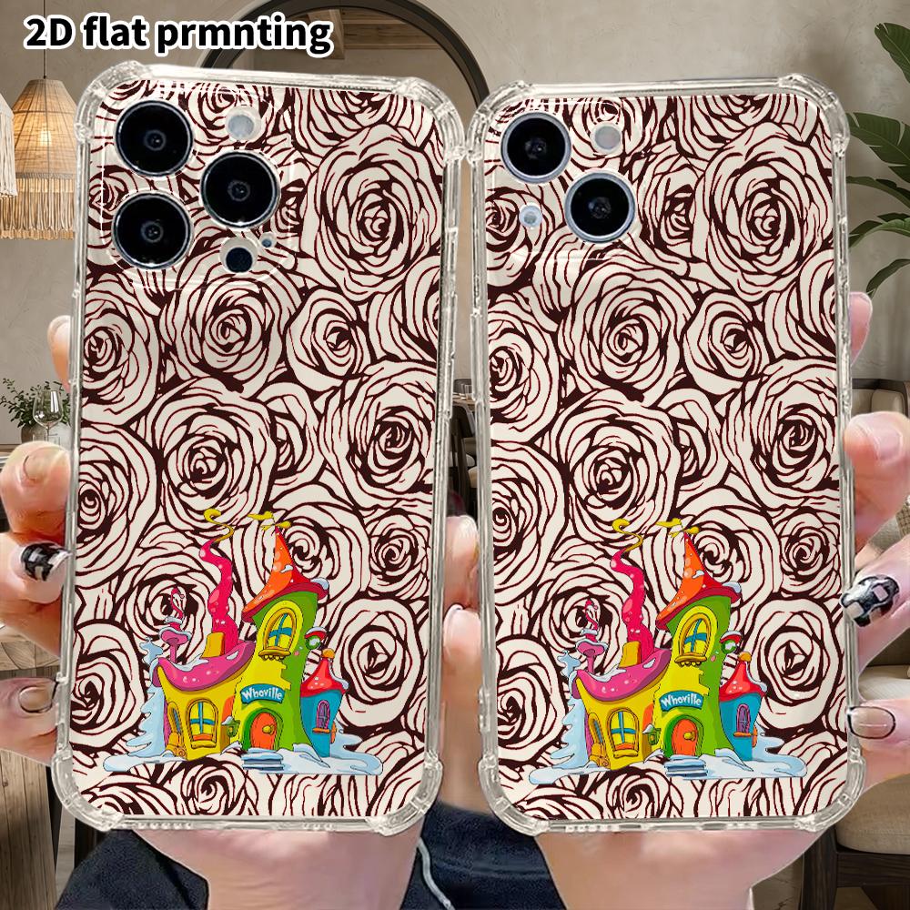 Phone case: 2D flat design, suitable for iPhone 18 17 16 15 14 13 Pro, transparent corner protection case, fairy tale cottage, Christmas and Halloween