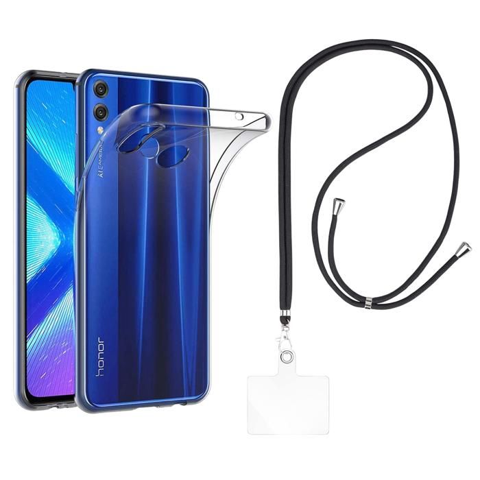Coque et tour de cou pour Honor 8X / Honor View 10 Lite - TPU Souple Transparent Cordon Noir réglable Phonillico®