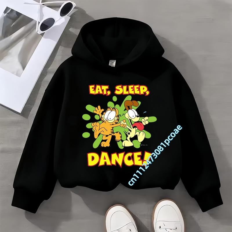 Garfield cartoon print children's hooded sweatshirt for boys, girls, casual top for women, long-sleeved for autumn and winter