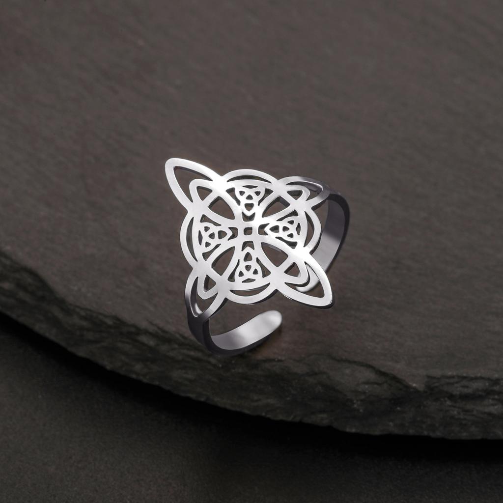 YILUOCD Witchcraft Stainless Steel Open Ring Supernatural Witch Knot Rings For Women Wiccan Cross Protection Amulet Jewelry