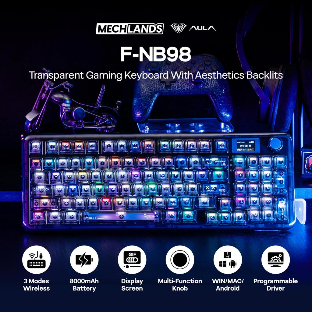 MechLands Aula Crystal Прозрачная клавиатура с подсветкой RGB большой емкости F-NB98, Беспроводная, 3-режимное подключение, Дисплей, 8000 мАч, (черный)