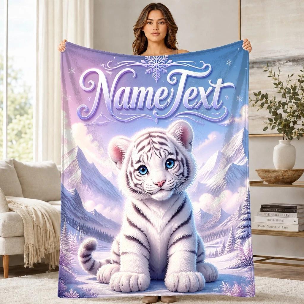 White Tiger Cub Name Text Coral Fleece Blanket Wildlife Decor