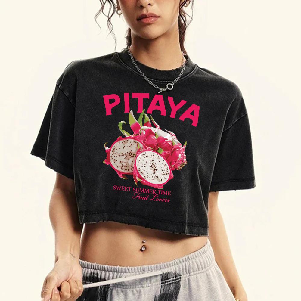 Женская футболка с принтом свежих фруктов питайи, выстиранная, повседневная, разноцветная, мягкая, облегающая, уличная, хлопковая, укороченный топ