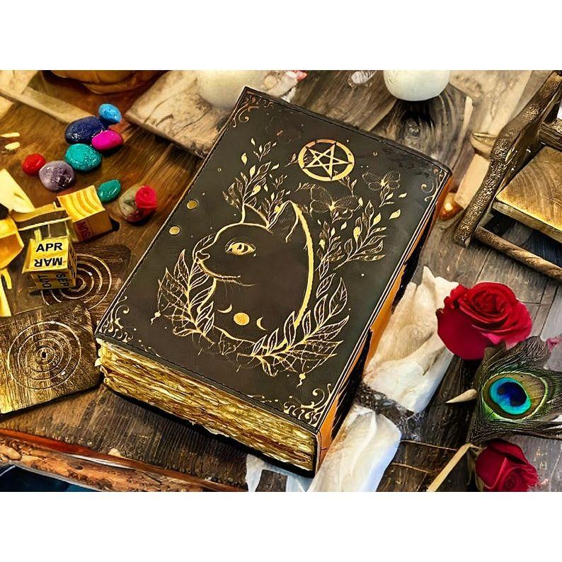 400 Pages Grimoire Leather Journal Print Celtic Cat Journal Blank of Spell Journal for Gifts Book of Shadows Gifts for Women