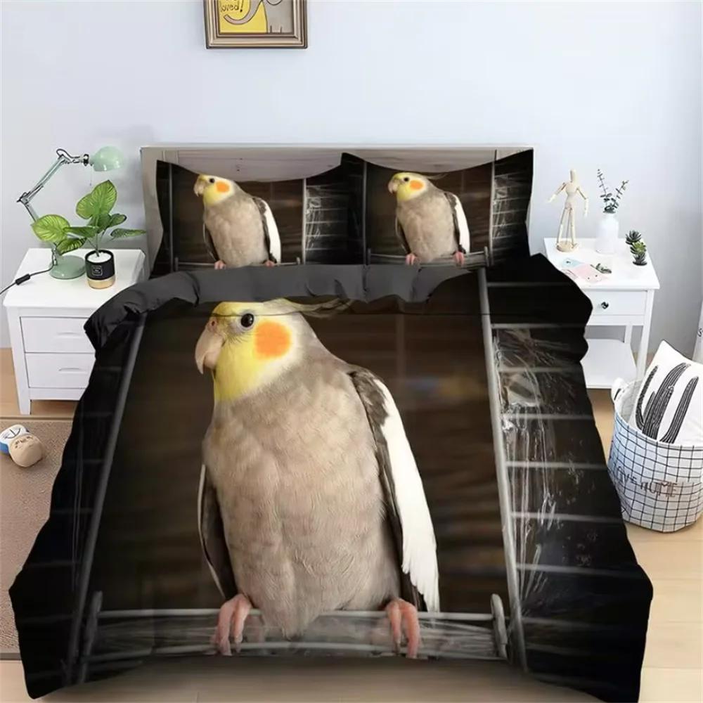 Комплект постельного белья Parrot King Queen с милыми птицами и разноцветными перьями, пододеяльник с тропическими цветами, полиэстеровое одеяло