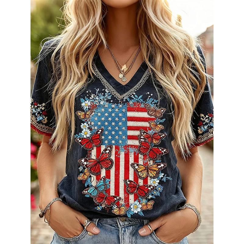 V-Neck Short Sleeve T-Shirt With Blue White Striped Print Loose Fit Casual Top Women 2025
