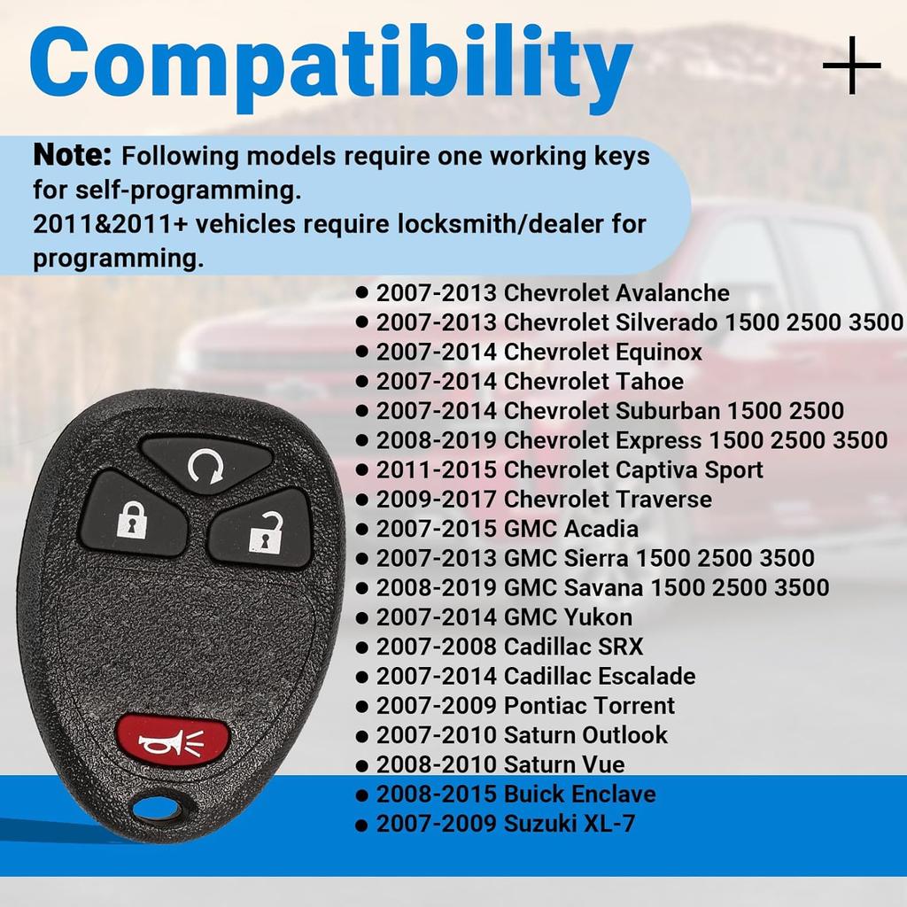 Keyless Entry Remote Car Key Fob Compatible with Chevy Silverado Avalanche Captiva Tahoe Traverse, GMC Sierra Acadia, 4 Buttons 2007-2015 Remote