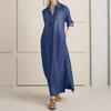 Women's Denim Maxi Dress Casual Roll-up Sleeve Split Dress with Pockets Plus Size Button Up Lapel V Neck Long Dress