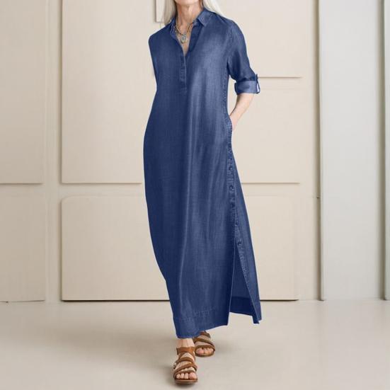 Женское джинсовое платье макси, повседневное платье с рукавами-подворотами и карманами, длинное платье больших размеров с пуговицами на лацканах и V-образным вырезом