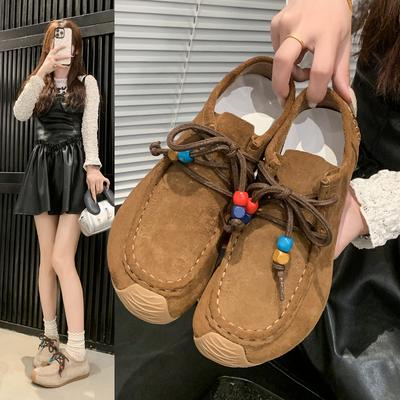 Модные женские туфли на плоской подошве с круглым носком, на шнуровке, с бусинами, на внутренней платформе, ретро замшевые туфли на высоком каблуке, весенне-осенние туфли