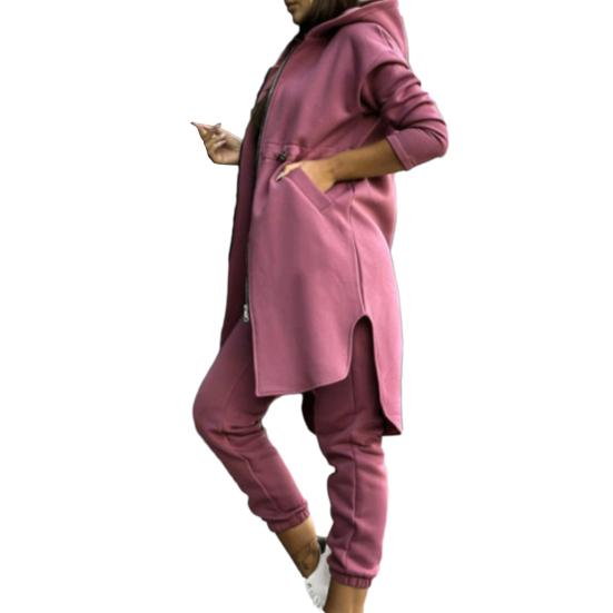 Женский комплект из 2 шт./компл., пальто, брюки, с капюшоном, нерегулярный разрез, застежка-молния с длинным рукавом, свободные флисовые однотонные брюки с эластичной резинкой на талии, ремешки на щиколотке