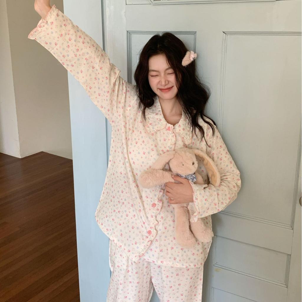 The new pajamas can be worn outside, the Korean version of the women's suit ins style simple pure cotton double-layer yarn breathable lace collar