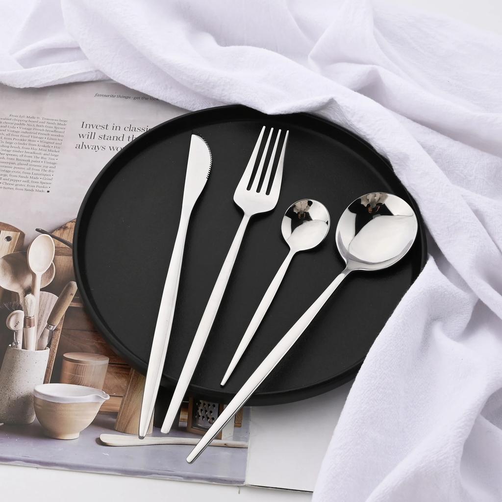 24Pcs Mirror Flatware Set Kitchen Stainless Steel Tableware Set Hotel Dinnerware Set Western Silver Cutlery Set Gift