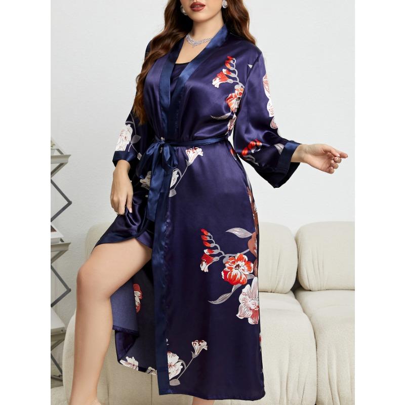 Plus Size Nightgown Fashion Casual Loose Printed Long Simulation Silk Sexy Sleeping Robe