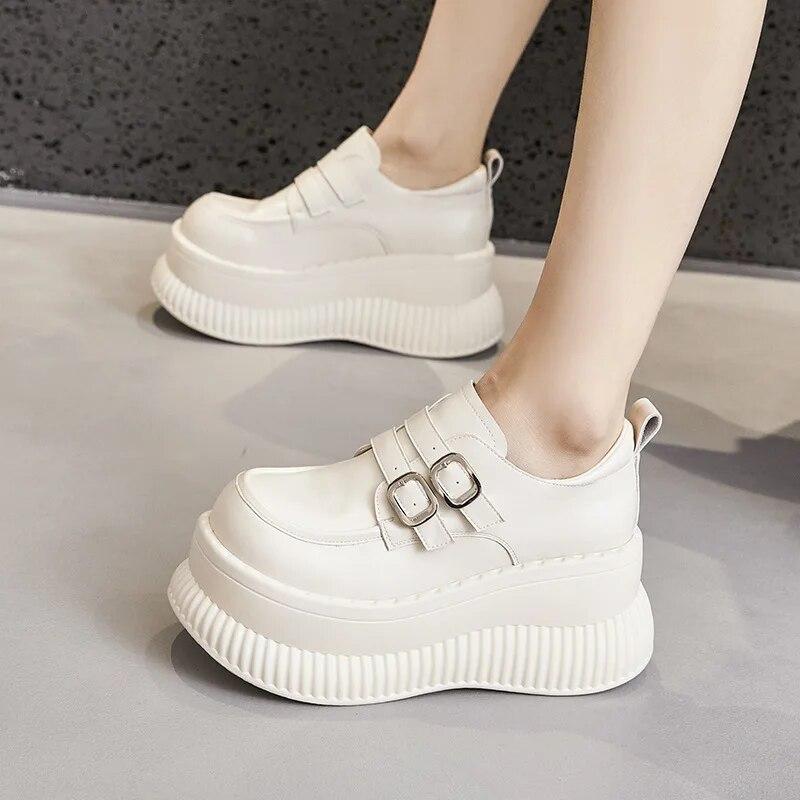 Fujin 8.5cm New Microfiber Leather Spring Shoes Women Ladies Platform Wedge Comfy Rubber Moccasins Mary Jane British Autumn Hook