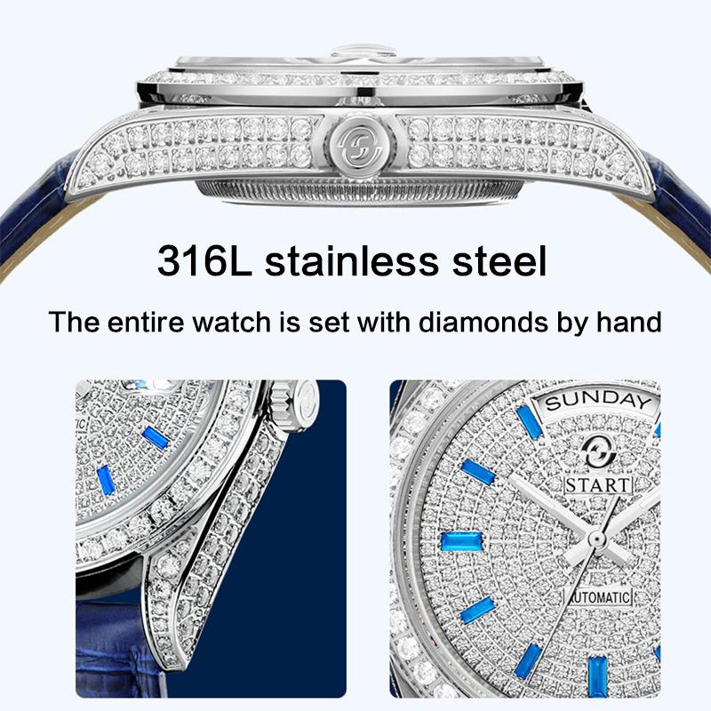 Start Мужские часы Gypsophila, официальные подлинные часы с бриллиантами, водонепроницаемые автоматические механические часы, функция даты и недели