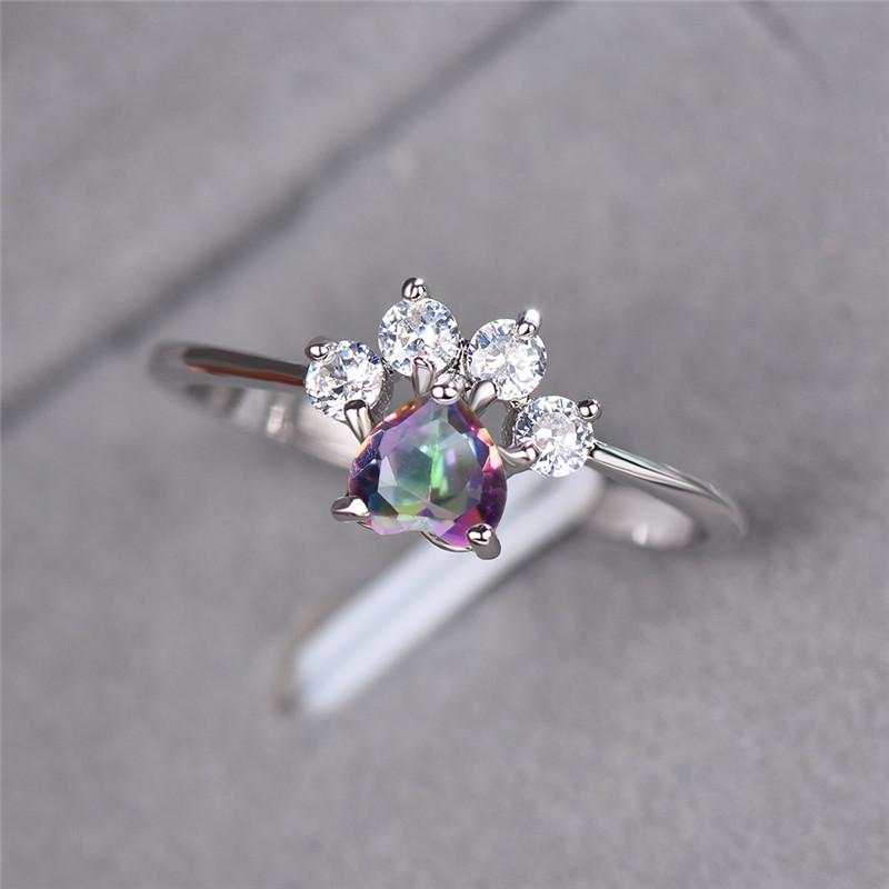 Милые кольца с когтями в виде кошачьей и собачьей лапы для женщин, обручальные кольца с камнем в форме сердца, серебряные цветные кольца, размер ювелирных изделий 6-10