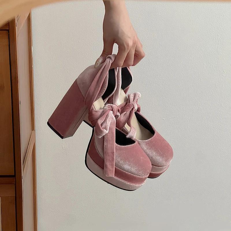 Модные туфли AJGS на платформе для женщин, туфли Мэри Джейн, женская модная обувь на толстом высоком каблуке с перекрестными шнурками, женские элегантные туфли-лодочки