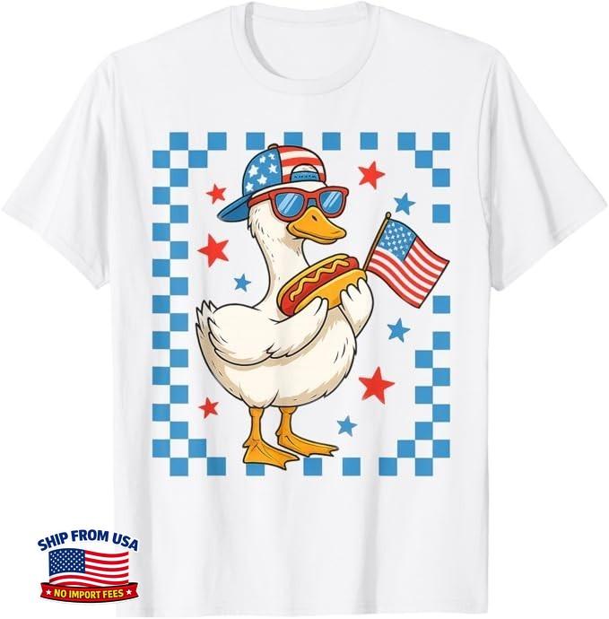 Funny Patriotic Duck USA Flag Hot Dog 4th of July Kids Boys T-Shirt