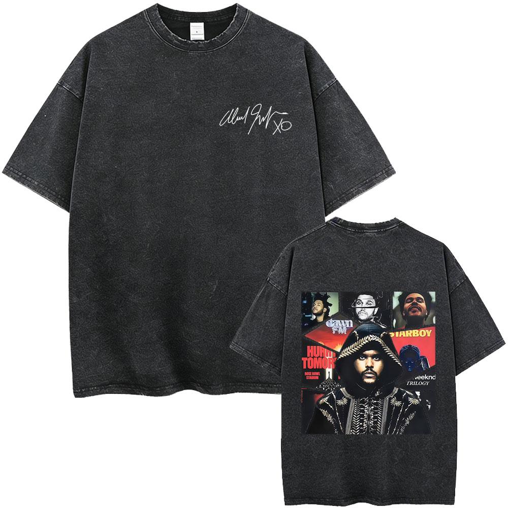 Rapper The Weeknd Album Cover Washed Vintage Tshirt Men Women Hip Hop Rap Pop Music Short Sleeve T Shirts Harajuku Streetwear