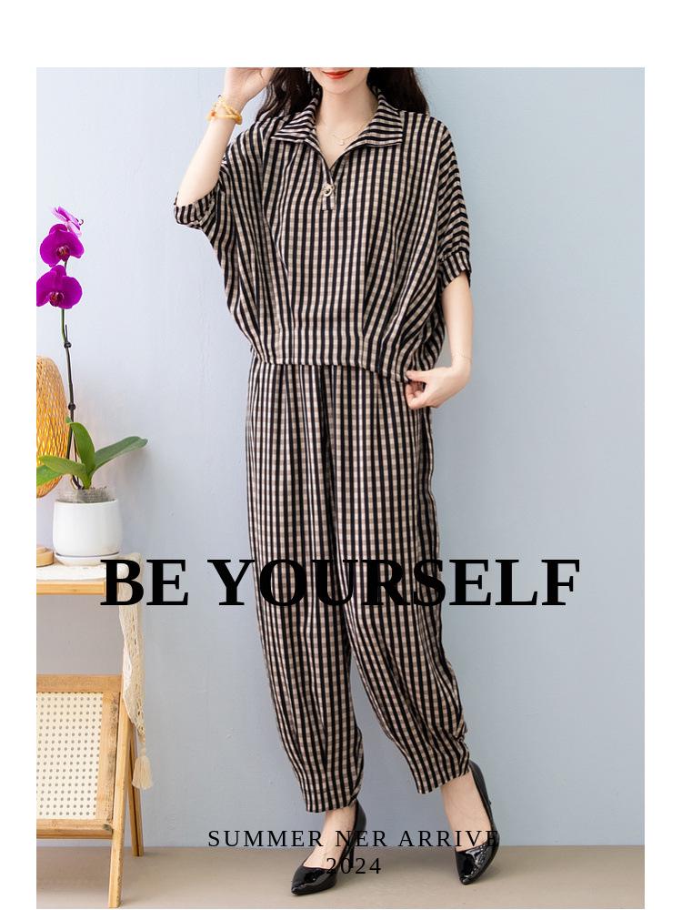 Plus Size Ethnic Style Women's Striped T-Shirt and Joggers Set for Middle-Aged Moms