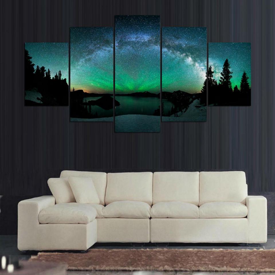 5 Panel HD Prints Northern Light Star Night Landscape Canvas Wall Art Wallpaper Paintings Posters Living Room Home Decor