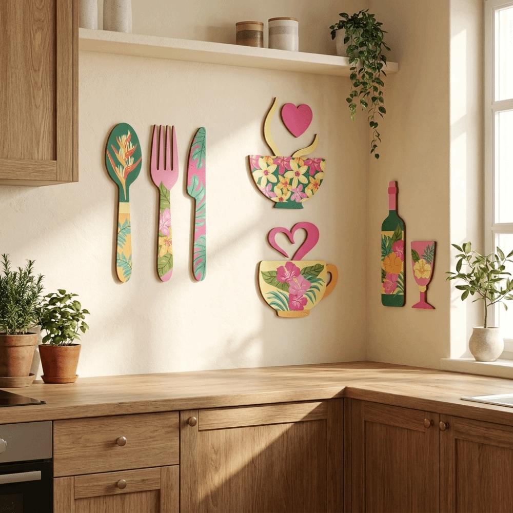 8PCS/SET Fork Wooden Wall Sticker Ornaments Floral Coffee Element Wall Plaques Cafe Decoration