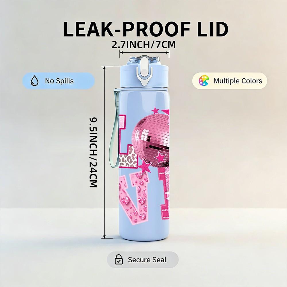 1PC Pink Love Heart Letter Art 750ml Color Plastic Sports Water Bottle Leakproof Flip Straw Lid Suitable for Sports Office Home Use