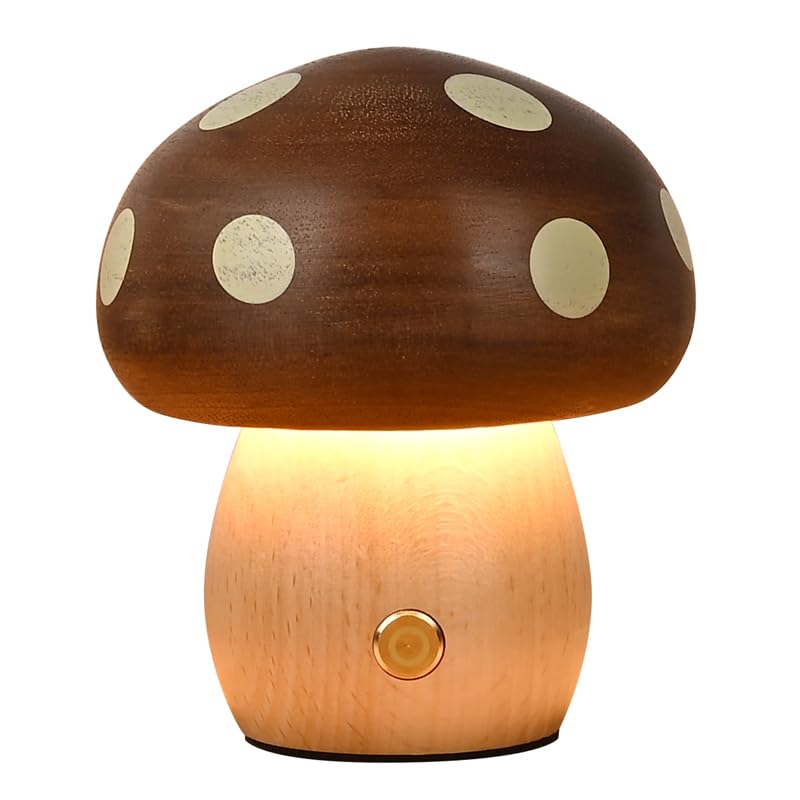 rechargeable wooden mushroom lamp with Stylish night light for Cute and relaxing atmosphere Cordless, touch-sensitive dimming. bedrooms. lighting.