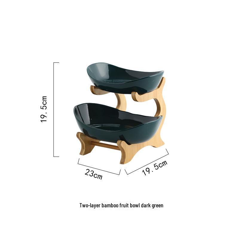 Трехслойный керамический поднос для фруктов в европейском стиле с бамбуковой и деревянной подставкой, идеально подходит для закусок и сухофруктов.