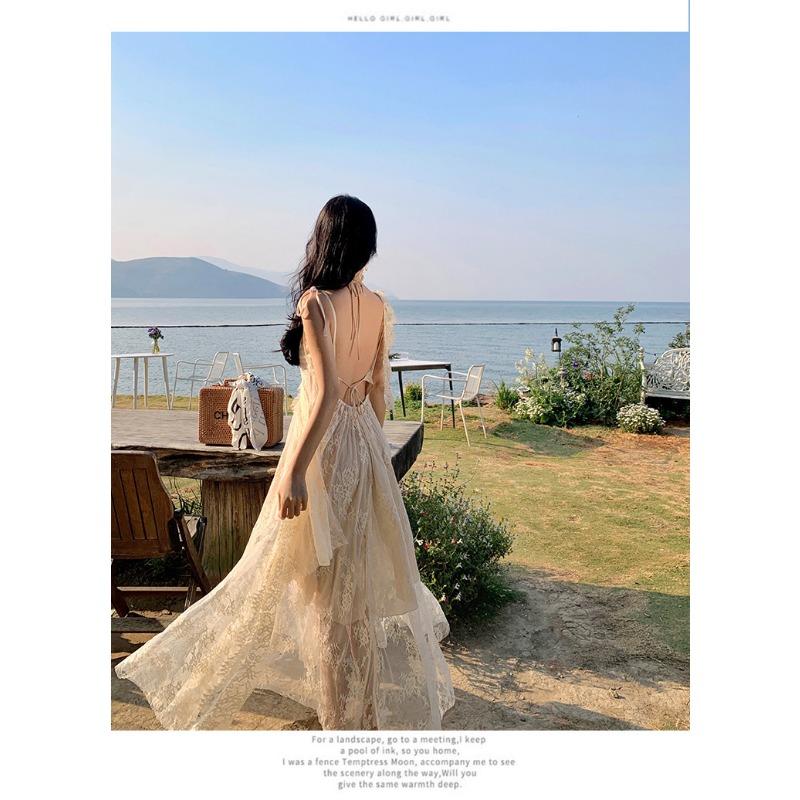 Женские летние кружевные длинные платья с открытой спиной и бретельками