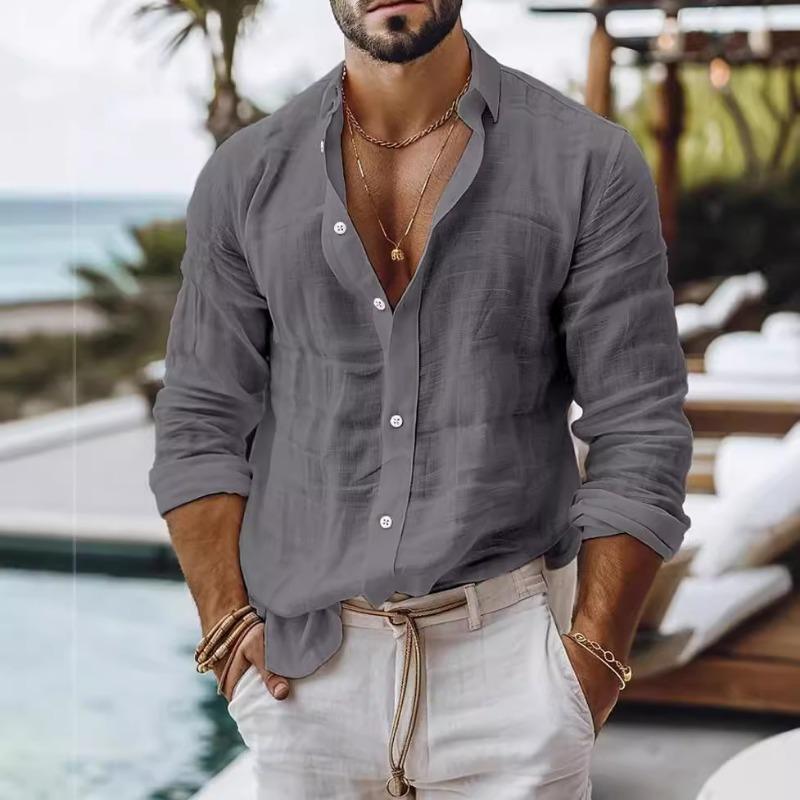 Men's Solid Color Cotton Linen Shirt Casual Style Long Sleeve Business Casual Shirt