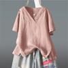 Summer national style solid color retro solid color top large size casual loose hemp short sleeve pullover V-neck T-shirt women's clothing