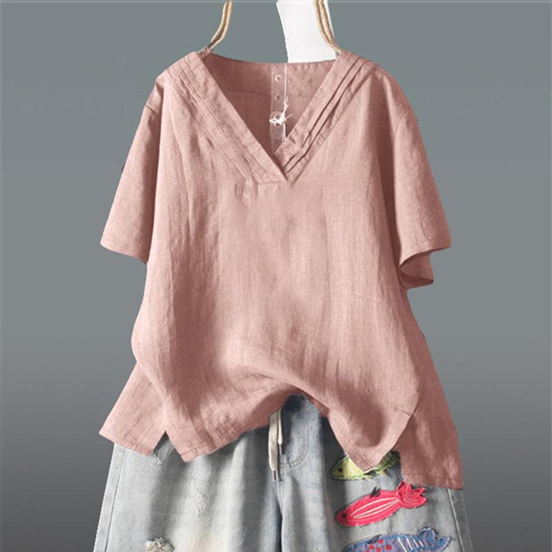 Summer national style solid color retro solid color top large size casual loose hemp short sleeve pullover V-neck T-shirt women's clothing