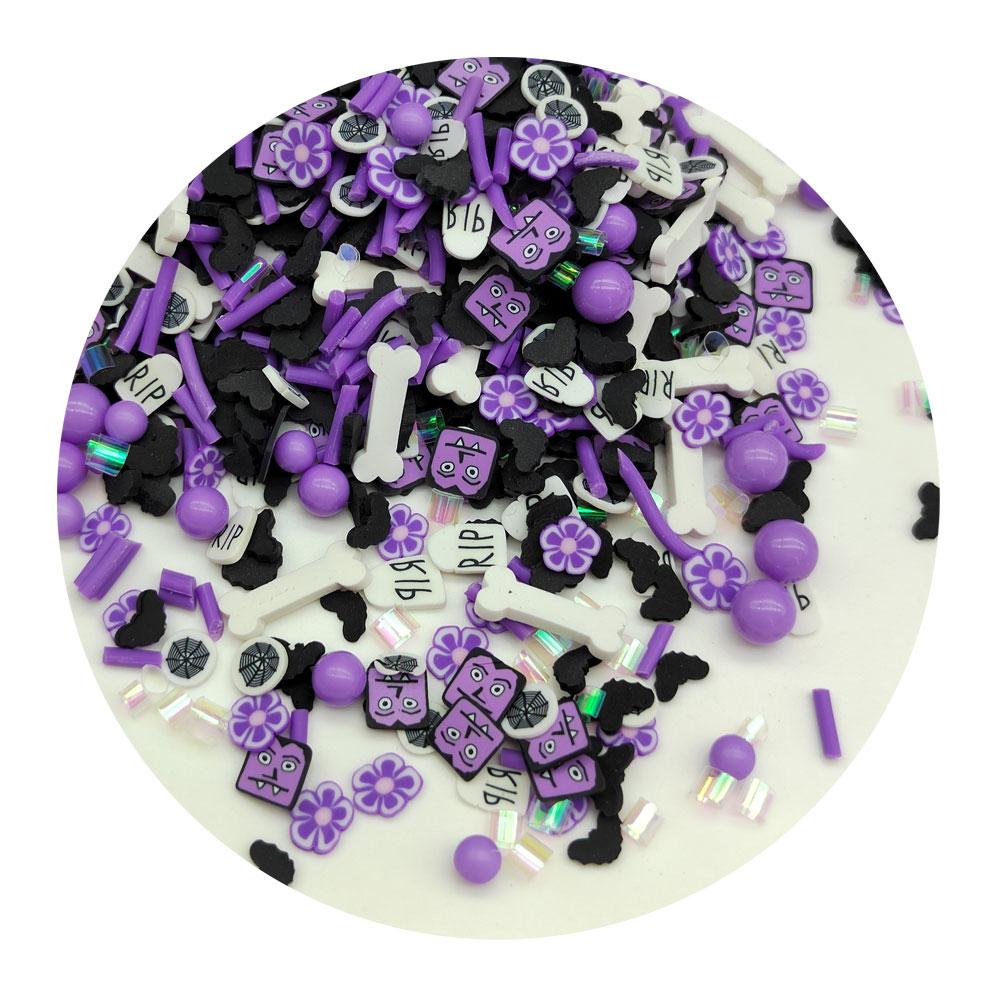 Halloween Polymer Clay Slime Charms Purple Flower Slice Sprinkle Round Bead White Bone Spider Web RIP Black Bat Soft Clay Craft