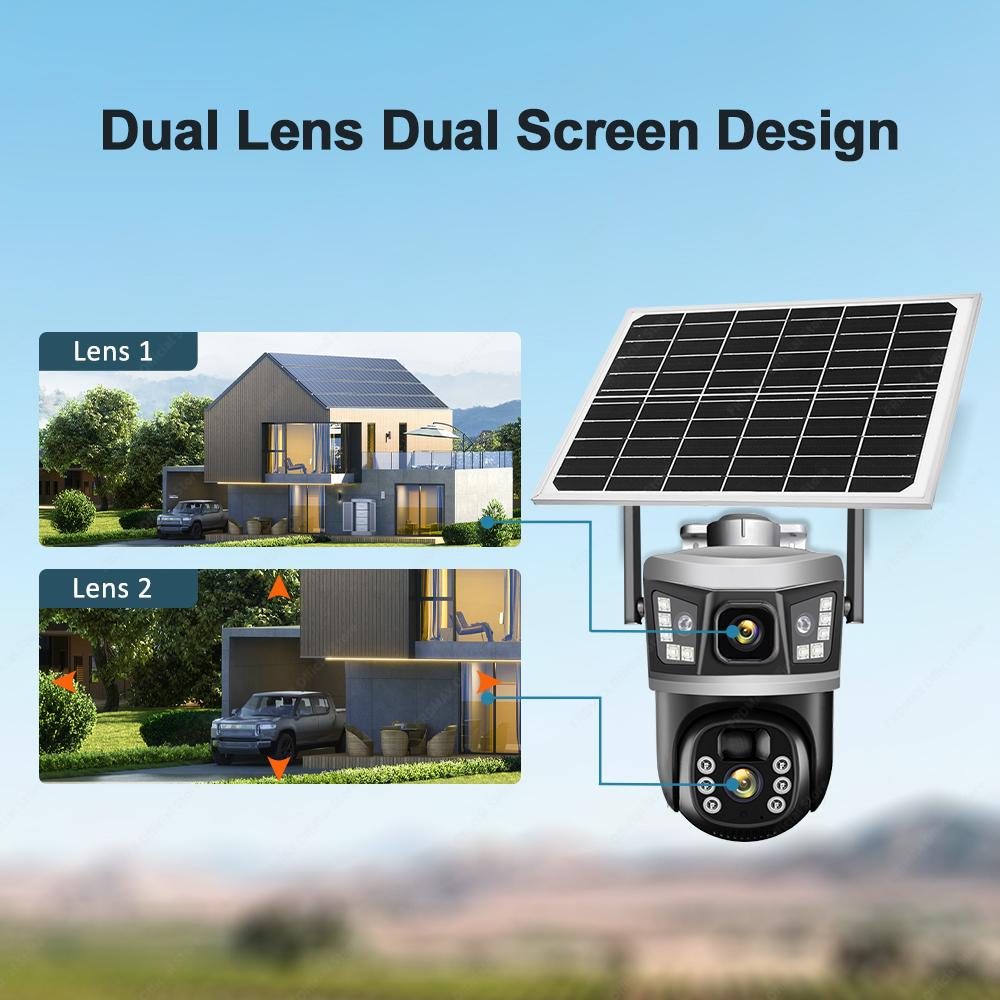 12MP 6K WiFi Solar Outdoor Wireless Lens Dual Screen PTZ Security Camera Auto Tracking Smart CCTV Video Surveillance
