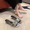 2025 New French Rhinestone Sequined Slippers Female Summer Wear Thick Low High Heel Fairy Style Silver Sandals