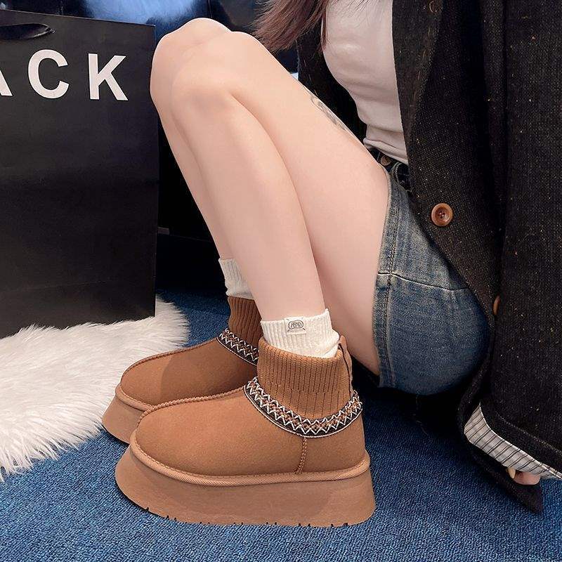 2025 новые зимние толстоподошвенные снежные флисовые теплые сноубутсы женские флисовые утолщенные шерстяные вязаные ботинки
