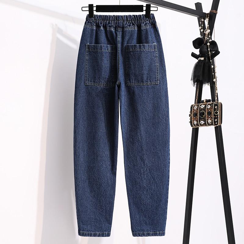 Plus Size Women Jeans Pants High Waist Loose Denim Female Elastic Waist Basic Pockets Trousers