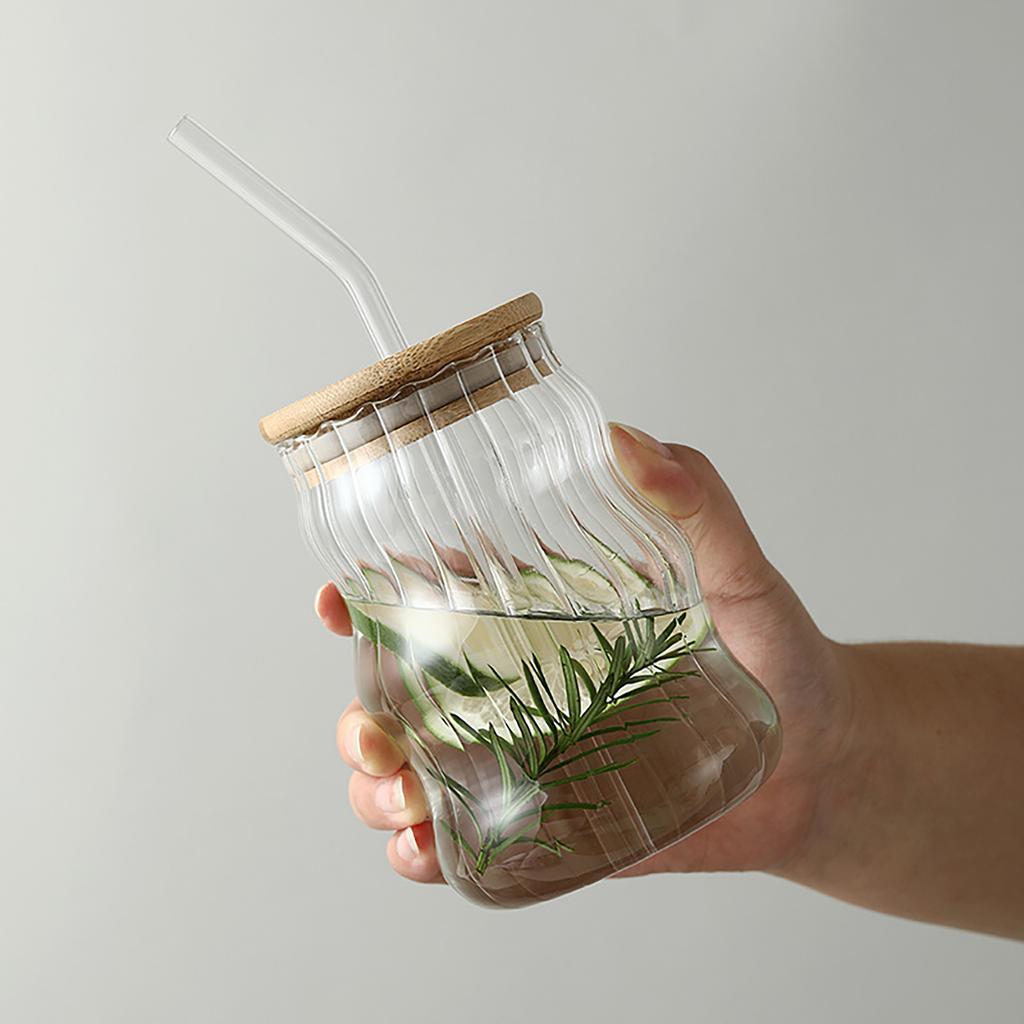 500ml Glass Tumblers Cups With Straw Mason Jar Clear Juice Coffee Milk Cup With Bamboo Lids Drinkware Stripe Beer Mug
