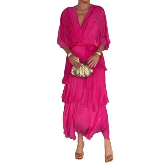 Женское летящее шифоновое платье для гостьи на свадьбе, с оборками, рукавом до локтя, завышенной талией, присборенное платье-запа́х, V-образным вырезом, многоярусное платье-свинг